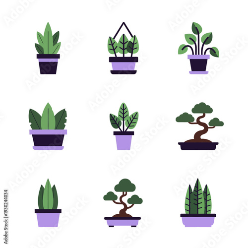 Collection of Potted Plants and Bonsai Trees in Flat Design.