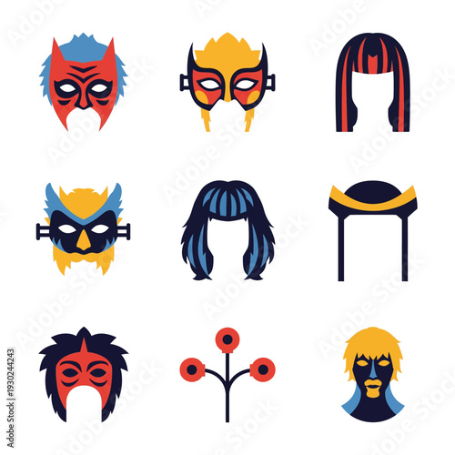 Collection of stylized masks and hairstyles for characters.