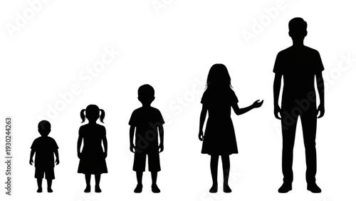 Family of five standing together in a line from youngest to tallest in silhouette profile