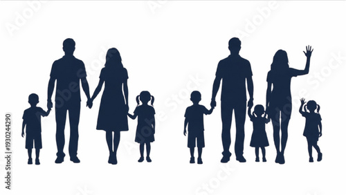 Two families with children walking together, silhouetted against a plain background, viewed from the side