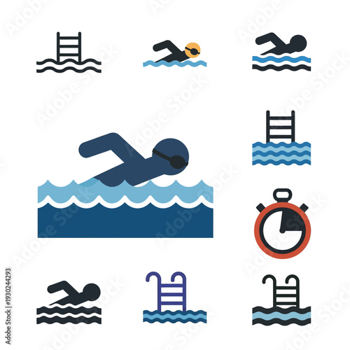 Collection of Swimming and Pool Icons with Stopwatch.