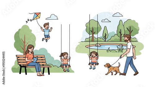 Family enjoys leisure time together in a serene park with children flying kite and playing on swings