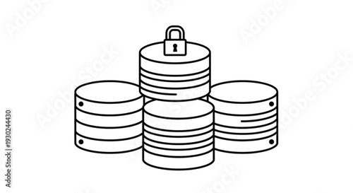 Secure data storage and cybersecurity protection concept illustration with stacked databases locked with a padlock
