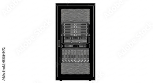 Black server rack system with multiple computer hardware units designed for data storage and high-performance network infrastructure in a modern IT environment