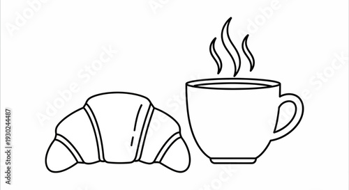 Fresh Croissant and Hot Steaming Coffee Cup - Simple Line Art Illustration