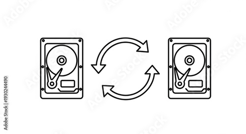 Data transfer between two hard drives illustrated in a simple line art style from a straightforward viewpoint