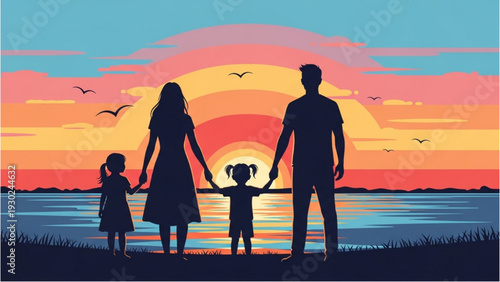 Family of four holding hands and watching a vibrant sunset over a serene lake from the shore