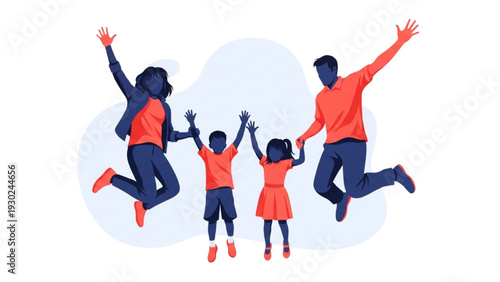 Family of four jumping together in joyful celebration outdoors with arms raised high
