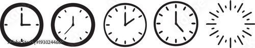 Set of five black and white clock face icons showing alarm or countdown timer at 9 o clock position in a simple modern flat design style