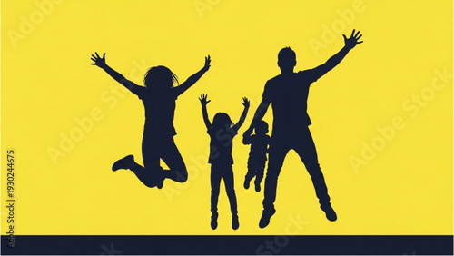 Family of three jumping together in joy, silhouetted against a bright yellow background, capturing a moment of happiness and togetherness, viewed from the side.