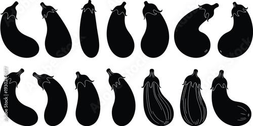 Black Eggplant Silhouette Vector Set Featuring Fresh Brinjal and Aubergine Vegetables in Various Shapes for Healthy Food Design and Cooking