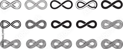 Collection of eighteen different black infinity symbol designs on white background showcasing varying line styles and thicknesses perfect for graphic design projects.