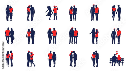 People interacting in various social settings, showcasing business attire and casual wear, in a collection of illustrations.