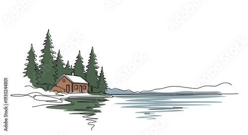 Cozy Cabin by Snowy Lake, Winter Forest Landscape, Serene Nature Scene