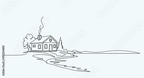 Cozy Cabin in Nature: Single Line Drawing of a House with Smoke from Chimney