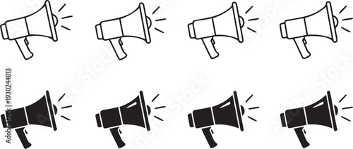 Collection of eight different megaphone icons in various styles and orientations for communication and announcement purposes
