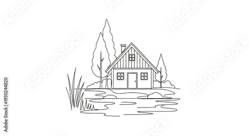 Cozy Cabin by the Lake: Simple Line Art Illustration of a House in Nature