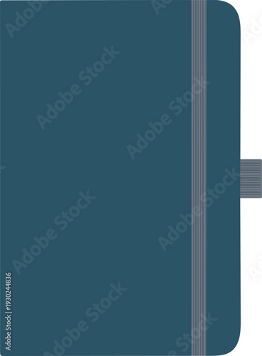 Closed dark blue notebook with a gray elastic band on a white background