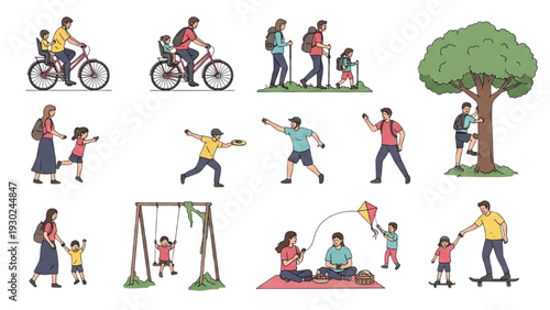 Family members engaging in various leisure activities together in a park scene illustration
