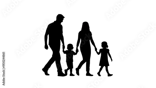 Family of four silhouetted while walking together outdoors in a serene landscape viewed from the side
