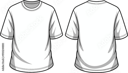 t shirt technical drawing, front and back view, short sleeve tee vector, casual apparel design template illustration