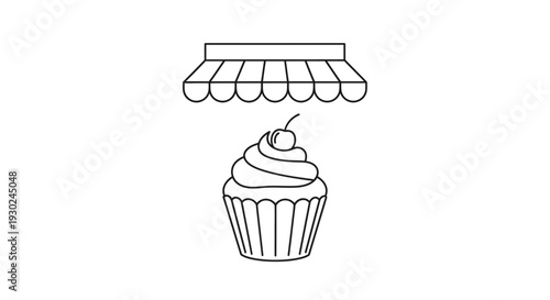 Cupcake Shop Icon: Sweet Treat Bakery Storefront with Awning and Cherry Topping
