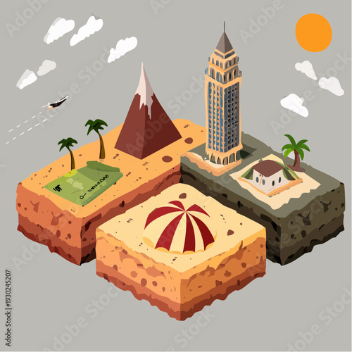 Isometric Travel Destinations with Pyramids Tower and Beach.
