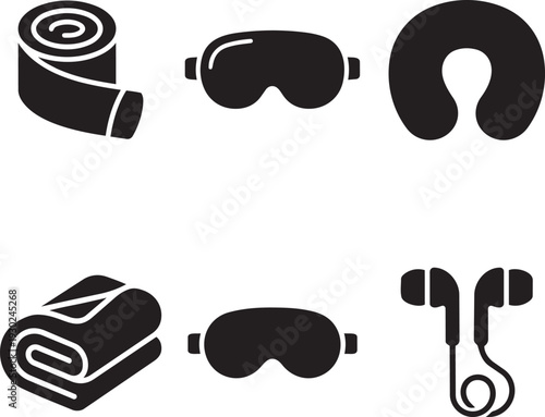 Long Haul Flight Survival, Travel Comfort and In-Flight Sleep Essentials Silhouette Icon Set Vector Illustration