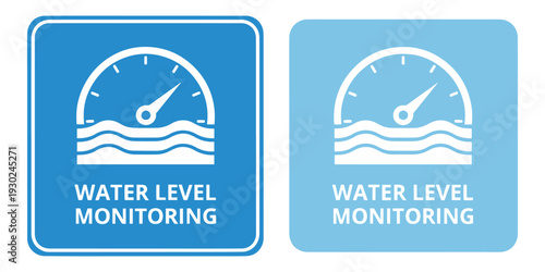 Water level monitoring signs with gauge icons on blue backgrounds
