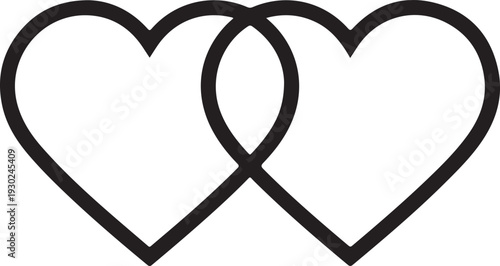 Two interlocking black heart outlines on a white background Keywords: hearts, love, romance,... pair