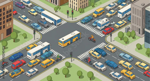 Busy City Street Intersection with Vehicles.