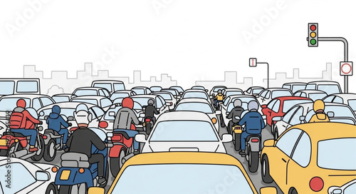 Busy City Street Traffic Congestion Scene.