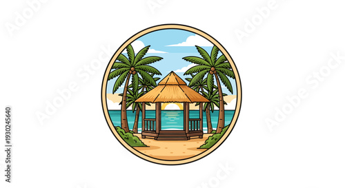 Tropical Beach Gazebo with Palm Trees and Ocean View.