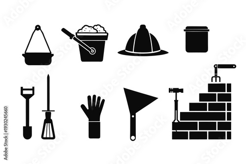 Collection of black construction and masonry icons featuring various tools and protective equipment