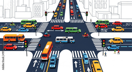 Busy City Street Intersection Traffic.