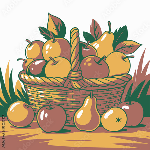 Harvest illustration of a woven basket overflowing with ripe apples and pears, symbolizing abundance and autumn.