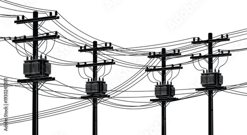 Black Silhouette of Electric Power Lines and Transformers on Utility Poles, Concept of Energy Grid, Industrial Infrastructure, Electricity Supply, Technology