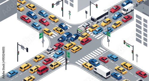 Busy City Street Intersection Traffic.