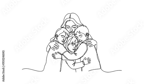 Mother hugging two children continuous line drawing EPS 10