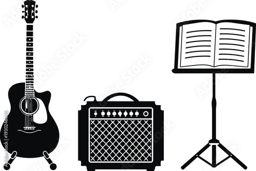 Acoustic guitar amplifier and music stand silhouette set isolated on white background collection