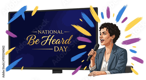 Woman speaking into a microphone in front of a television screen displaying 'National Be Heard Day' with colorful rays.