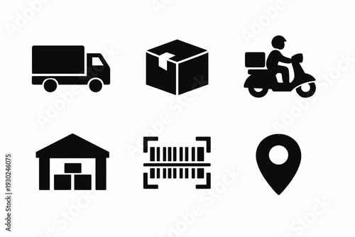 Logistics icons: delivery truck, package, scooter, warehouse, barcode, location pin