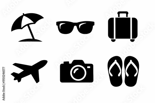 Travel icon set: umbrella, sunglasses, suitcase, airplane, camera, flip-flops
