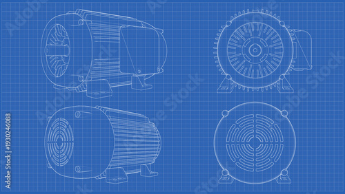 Industrial Induction Electric Motor AC - Technical Drawing Blueprint. 3D rendering isolated on blue background. 3D Mesh, Sketch, Vector style. 