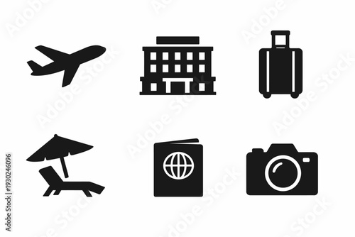 Travel icons set: airplane, hotel, luggage, beach chair, passport, camera