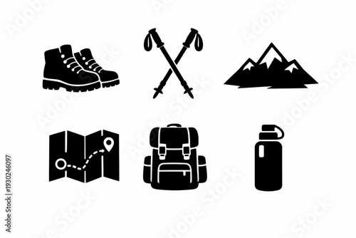 Hiking essentials: boots, poles, mountains, map, backpack, water bottle