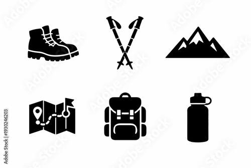Hiking equipment icons: boots, poles, mountain, map, backpack, water bottle