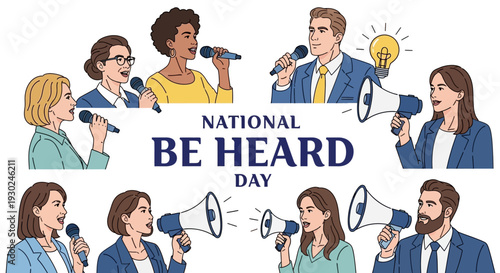 Illustration of people using megaphones on National Be Heard Day to promote small business and entrepreneur marketing for visibility and growth.