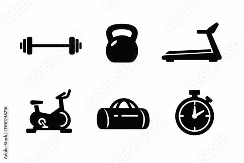 Fitness equipment icons: barbell, kettlebell, treadmill, bike, bag, stopwatch