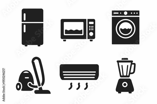 Home appliance icons: fridge, microwave, washer, vacuum, ac, blender